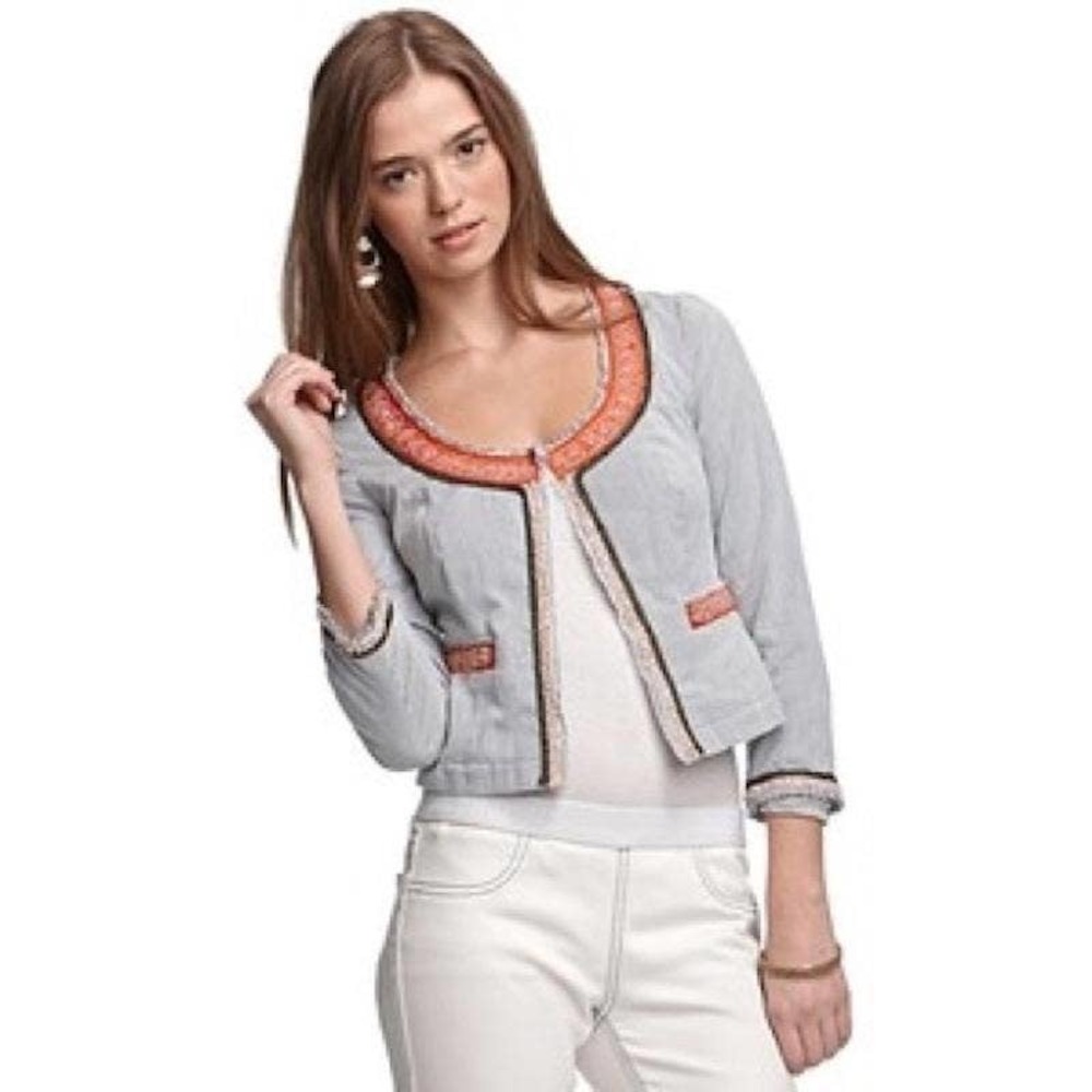 Free People My Fair Lady Cropped Jacket 2 Blue White Pinstripe Beaded